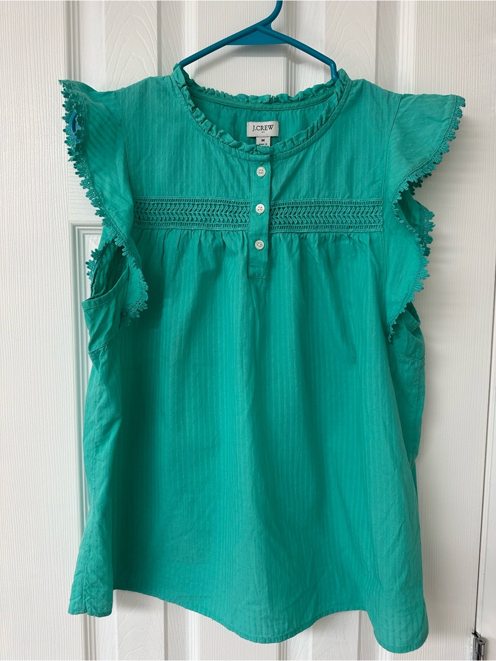 J. Crew Teal Ruffled Cap-Sleeve Blouse